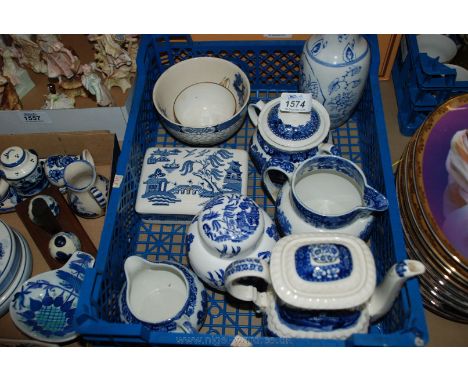 A quantity of blue and white china including Coalport Ginger Jar, Copeland Spode Milk Jug, Wedgwood lidded trinket Dish, Adam