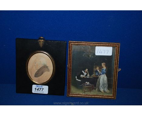 An oval Portrait Miniature - Sir James Hamlyn Williams in black rectangular frame and a small framed Print ''The Letter'' of 