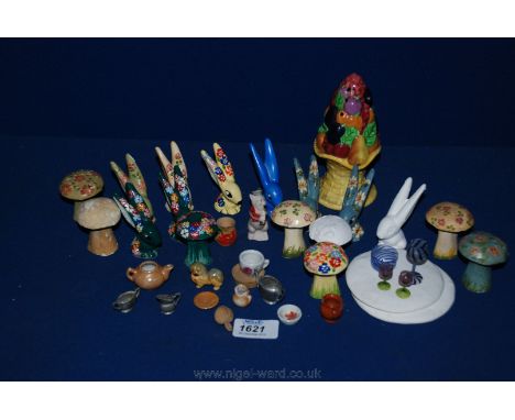 A quantity of painted small Rabbits and toadstools, miniature china cups, etc., and a Carltonware Pepper Pot in the shape of 