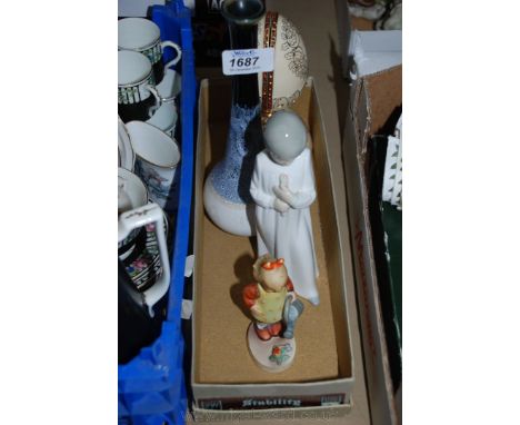 A small quantity of china including Spanish figure of a young girl,  Goebel 'Little Gardener', Egg on a stand and a Bud Vase