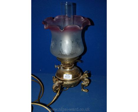 A Brass based and etched glass Lamp, converted to electric