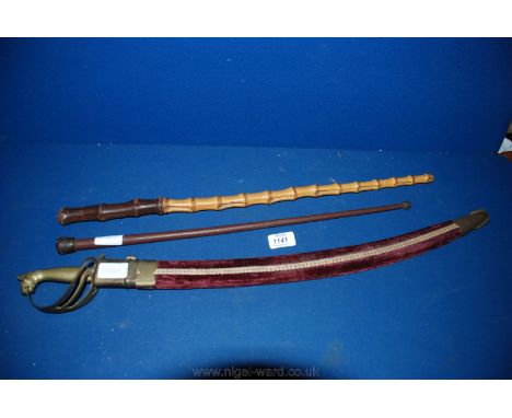 A leather Crop, bamboo swagger Stick with leather handle and a reproduction Sword ''Made in India''