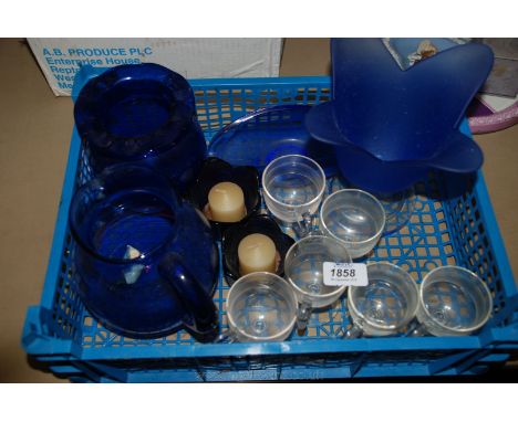 Six Custard Cups and a quantity of blue glass including Jug, Vase, night-light holders, etc.