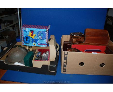 A quantity of miscellanea including travel case with white metal lidded pots and bottles, pith helmet, Stratton lidded pot, o