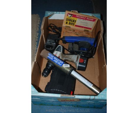 A Nutool Sander, a 14.4 volt Hammer Drill with charger unit, ''Towsure'' weight gauge, boxed set of circular split stocks and