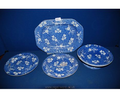 Four pieces of blue and white Spode 'New Stone'' Plates including meat plate, tazza and two plates