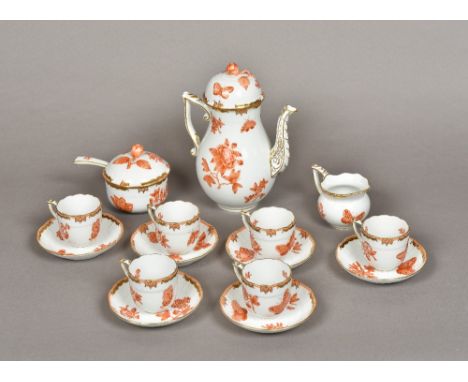 A Herend porcelain Fortuna (VBOH) coffee set 
Comprising: coffee pot and cover, sucrier, cover and spoon, cream jug, six sauc
