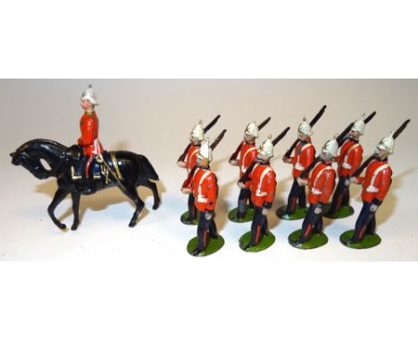 Britains set 36, Royal Sussex Regiment FIRST VERSION, fixed arm, with mounted Officer (Condition Good, one helmet spike missi