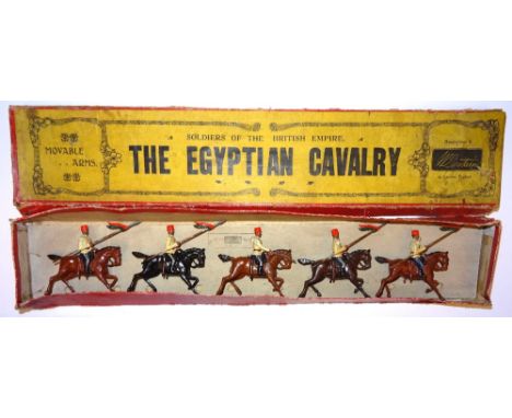 Britains set 115, Egyptian Cavalry FIRST VERSION, prick ear pony horses, with officer, in original early printer's decorated 
