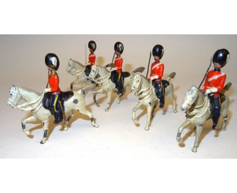 Britains set 32, Royal Scots Greys FIRST VERSION fixed arm, tin swords, variation with Foot Guard heads, with officer (Condit