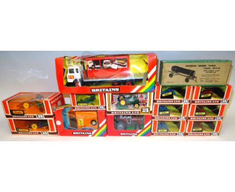  * Britains Farm Vehicles sets 9582 Flat bed transporter, 129F Timber trailer, 9562 Double Horse box, 9555 Ploughs (two), 967