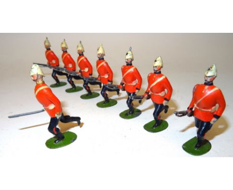 Britains set 97, Royal Marine Light Infantry FIRST VERSION, pigeon chested, oval bases, white infantry helmets, with Officer 