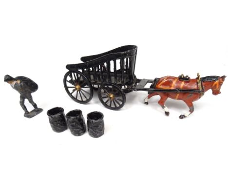 Charbens Coal Cart with brown horse, Coalman and three coalsacks (Condition Good, one horse leg broken) (6)