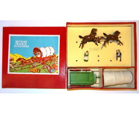  * Britains set 2034, Prairie Schooner FIRST VERSION, tinplate cover, four horse team, pioneer, wife and bucket in original f