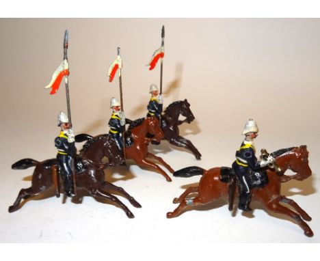 Britains set 81, 17th Lancers, 'Ulundi' service dress FIRST VERSION, rocking horse, with trumpeter (Condition Good, one troop