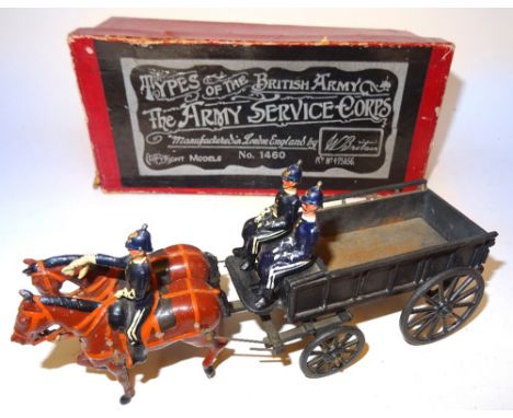 Britains set 146, Royal Army Service Corps two horse Supply Wagon fumed metal finish with two seated men (Condition Very Good