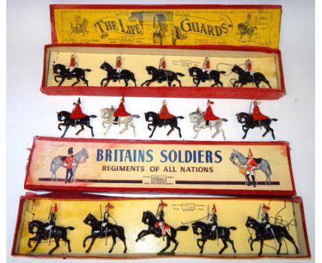 Britains set 1, Life Guards with Officer in original 1930s illustrated box, Life Guard Picture Packs 1333B (two) Trumpeters i