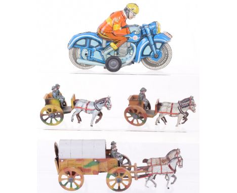 Three Prewar German Army Tinplate Horsedrawn Wagons two Gun Carriages, each with two horses, two figures, camouflaged wagons 
