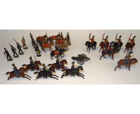  * Britains set 33, 16th Lancers FIRST VERSION cross legged, with two Officers (Condition Fair, lance tips, one capline and s