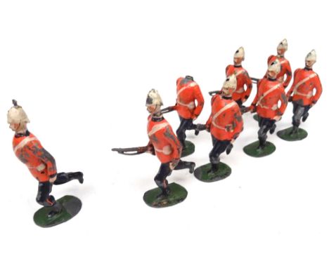 Britains set 97, Royal Marine Light Infantry FIRST VERSION, pigeon chested, white helmets, with Officer (Condition Fair, all 