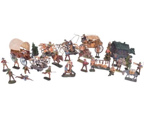 Elastolin, Lineol or similar 70mm Wild West Cowboys seventeen foot figures including Cowboy and Indian fighting (missing axe 