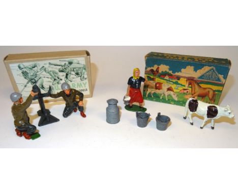  * Timpo US Army series set 9012 Mortar and Crew in original box (Condition Excellent, box Very Good), Farm set with Milkmaid