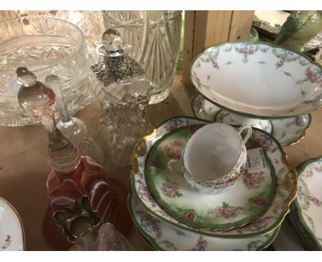 A Collection of glass and China ware including silver mounted decanter glass bell Dresden cups and saucers.