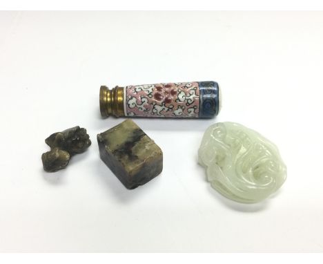 A small carved jade ornament and two other items (3). Shipping category A.