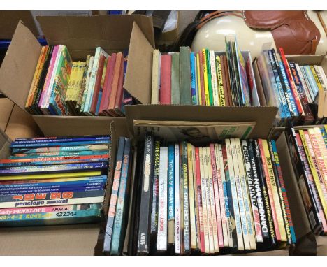 Nine boxes of vintage sci-fi and children's books and annuals. Shipping category D.