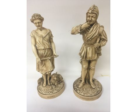 A pair of Early 20th Century Continental ceramic figures Audrey and Touchstone Height 48cm. one minor chip to the rim otherwi