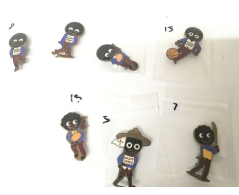 A collection of six Vintage Golly badges. Including Sports Skateboarding bagpipes players a d Scout. (6)- NO RESERVE