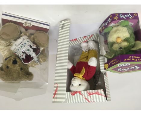 A Steiff Rupert the bear in a fitted box a Great British Bear and a boxed Furby (3)