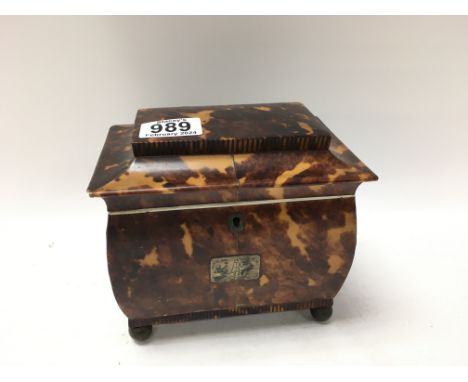 A tortoiseshell tea caddy with hinge lid enclosing 2 compartments. On brass circler feet. 15cm x 16cm x 11cm