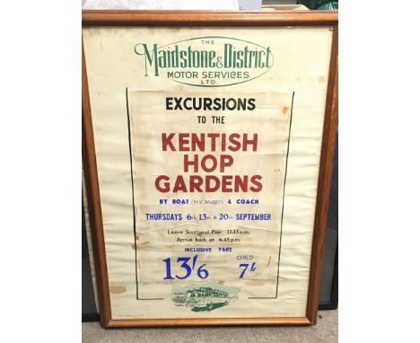 Vintage framed Maidstone & District Motor services, Excursion to the Kentish Hop Gardens from Southend Pier poster. Postage c