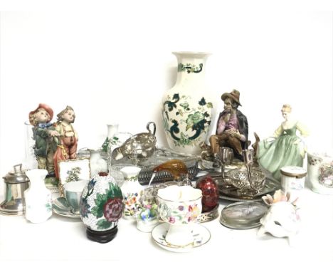 An assorted collection of ceramics including porcelain figures Royal Doulton (restored), plated items such as cruet set, tray