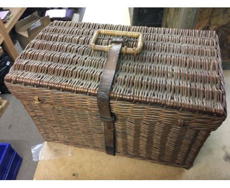 A vintage wicker car picnic basket fully fitted with accessories postage category D