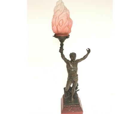 A large spelter Georges Bareau Vox pacis Lamp, signed and dated 1894. 87cm tall. Postage category D