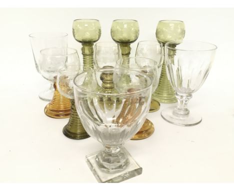 A collection of glassware including Georgian rummels and vintage continental glass with etched decoration of grapes and vines