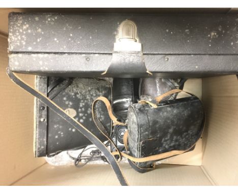 A Collection of vintage cameras and binoculars including Olympus OM-1, Canon Snappy LX, Mirandor 8x40 field 7 binoculars etc