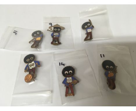 A collection of six Vintage Golly badges including sports figures Scout and a figure playing the bagpipes. (6)- NO RESERVE