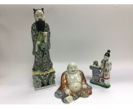 Three Oriental ceramic figures comprising a buddha, a geisha and a scholar. Shipping category D.