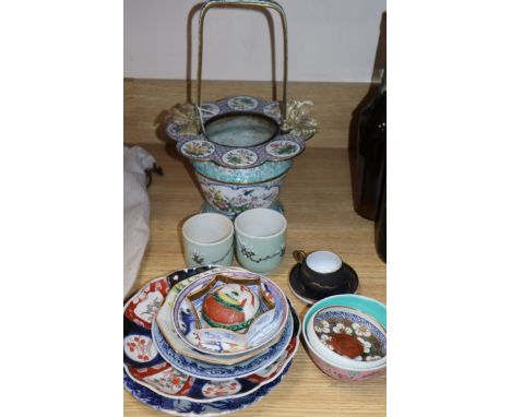 A Canton enamel basket and porcelain items