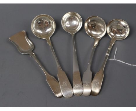 Four assorted Victorian Scottish silver toddy/cream ladles and a similar spoon with shovel shaped bowl.