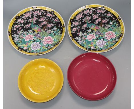A Chinese ruby ground dish and a yellow 'dragon' dish and three others largest diameter 26cm