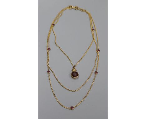 A Victorian gilt metal and paste set guard chain with paste set intaglio pendant, pendant 37mm.