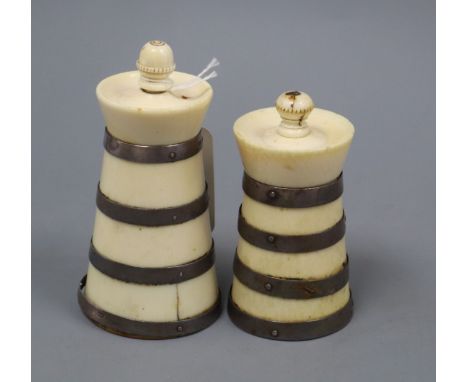 A Victorian silver-coopered ivory capstan pepper mill and another similar, smaller pepper mill (a.f.)