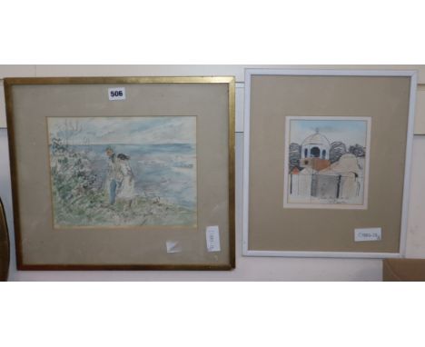 Eleanor Bellingham Smith, watercolour, Couple by the sea, 22 x 28cm and a sketch of Glynde Place by another hand