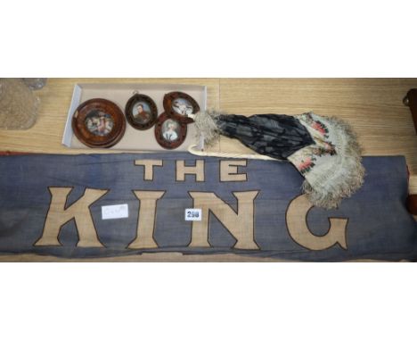 An ivory handled parasol flag: "God Save The King" and four oval miniatures