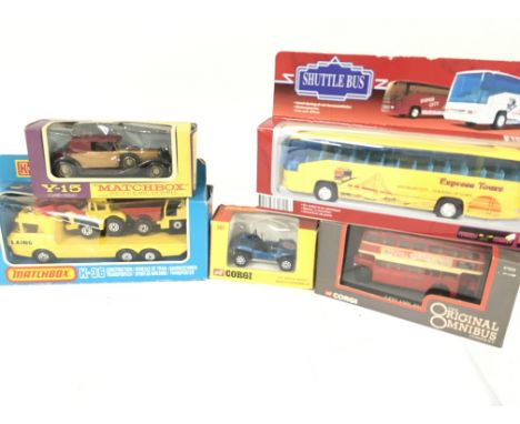 A Collection of Boxed Die-Cast Including a Matchbox Construction Transporter #K-36. A Corgi Beach Buggy #381 etc.