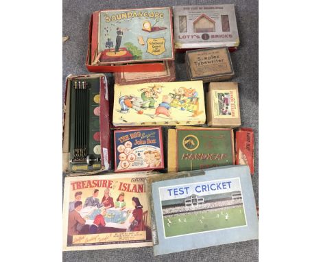 A Collection of Vintage Board Games. Lots Bricks. A Simplex Typewriter etc.